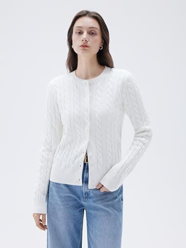 SUUKSESS Women Cable Knit Cashmere Blend Sweaters Crew Neck Button Up Chunky Cardigan Long Sleeve Cropped Fall Fashion Outfits Jackets (White, L) - Thumbnail 2