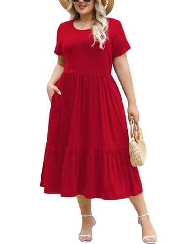 Younrui Red Plus Size Dresses for Curvy Women Crewneck Short Sleeve Midi Loose Flowy Swing A-line Dress with Pockets(1XL-1033-Red) - Image 1