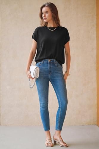 Arach&Cloz Womens Spring Summer Short Sleeve Oversized Sweaters Cashmere Lightweight Crew Neck Business Casual Clothing Work Blouse Tops Dressly Capsule Wardrobe Teacher Outfits Trendy Black XXL - Thumbnail 5