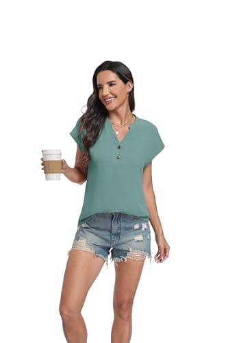 Lepunuo Womens Blouses Dressy Casual Trendy Summer Tops 2026 Formal Boho Button Down Cap Sleeve V Neck Shirts - Thumbnail 5