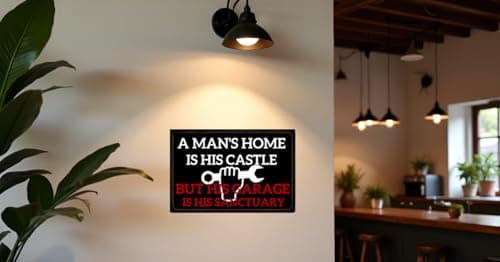 Carastora Men's Vintage Garage Decor, Funny Metal Tin Sign, Quote "A man's home is his castle, his garage his sanctuary", Rustic Style Den Home Bar Accessory, 12x8 Inch - Thumbnail 4