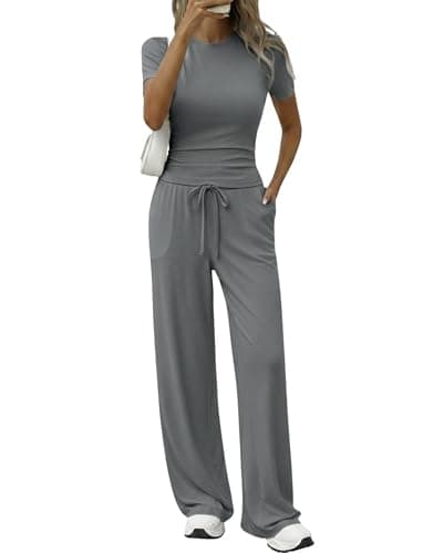 Flevita Womens Casual 2 Piece Set Short Sleeve Slim Tee with High Waisted Wide Leg Pants Sets Soft Pjs Airport Travel Outfits Dark Grey L 31" Inseam - Image 1