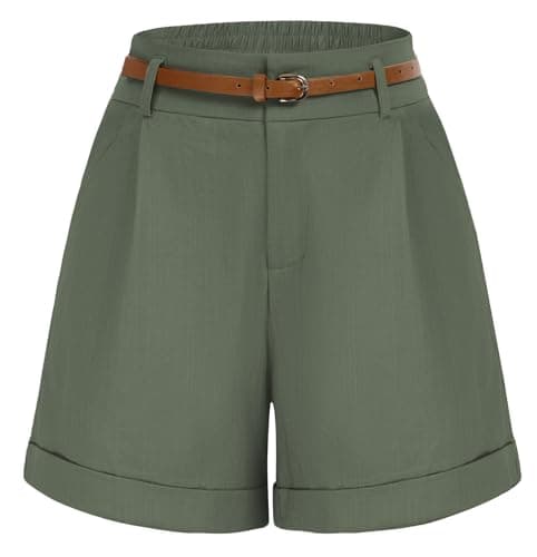 Belle Poque Womens Summer Linen Shorts Dark Green Bermuda Shorts with Belts Paper Bag Shorts (Dark Green, S) - Image 1