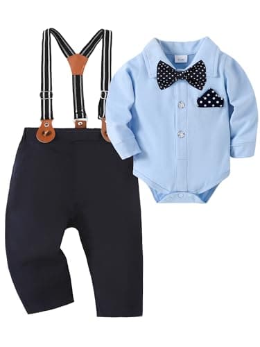 AMAWMW Baby Boy Dress Suit 0-18M Formal Outfit Long Sleeve Shirt Suspender Pants Bowtie Set 3Pcs Gentleman Clothes, Blue, 6-12 Months - Image 1