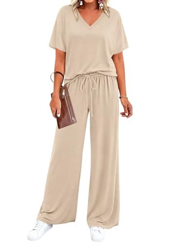 BTFBM 2 Piece Sets for Women Summer V Neck Short Sleeve Lounge Set Wide Leg Pants Matching Set Airport Travel Outfits(Beige, XX-Large) - Image 1