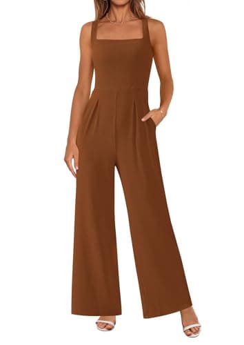 PRETTYGARDEN Summer Sleeveless Jumpsuits for Women Dressy Square Neck Wide Leg Pants Knit One Piece Rompers Fashion Clothing (Brown,X-Large) - Image 1