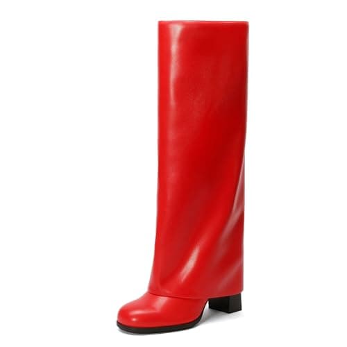 Meolee Knee High Boots Women Fold Over Chunky High Heels Long Boots Zipper Round Toe Dress Tall Boots for Women Size 9 - Image 1