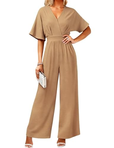 LOOKBOOK Jumpsuit for Women Dressy Elegant Wide Leg Casual V Neck Short Sleeve Summer One Piece Outfits with Pockets Khaki L - Image 1