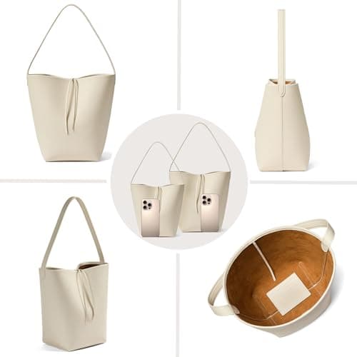 Genuine Leather Bucket Bag with Credit Card Holder Wallet, First Layer Pebble-grained Calfskin Tote Bag, Leather Handbag with Cotton Insert Pocket (White, Small) - Thumbnail 6