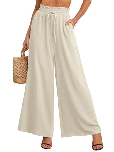 Heymoments Women's Wide Leg Dress Pants with Pockets Ivory Large Lightweight Elastic High Waisted Adjustable Tie Knot Flowy Loose Slacks Lounge Casual Ladies Beach Pleated Trousers - Image 1