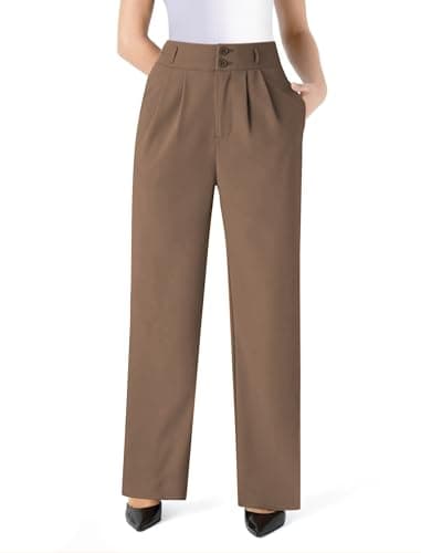 JOYCATCH Womens Wide Straight Leg Work Pants Casual Slacks Business Office Trousers Button Dress Pants Brown - Image 1