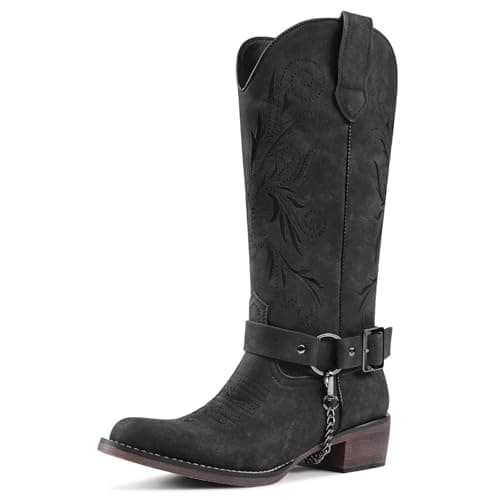 GPXGPX Wide Calf Cowboy Boots Women Embroidered Cowgirl Boots Mid Calf, With Removable Belt Low Block Heel Round Toe Western Boots Black 7 - Image 1
