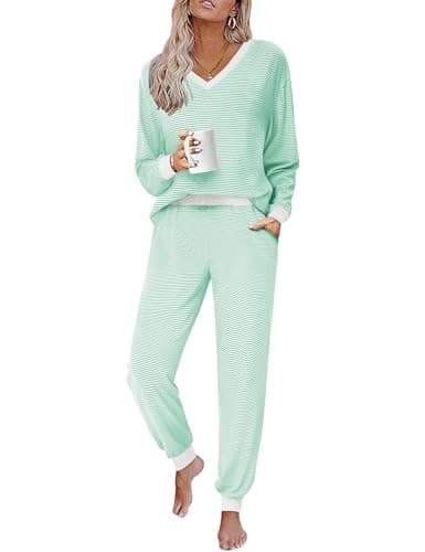 JUSTFASHIONNOW Womens 2 Piece Lounge Sets Cute Long Sleeve Pajama Sets Casual Striped Pjs with Pockets Winter Outfits Cozy Christmas Sleepwear(Green,Large - Image 1
