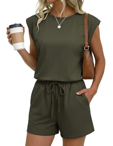 Ekouaer Women's Romper with Pockets Summer Short Jumpsuit Casual Cap Sleeve Drawstring One Piece Lounge Vacation Beach Outfit - Image 1