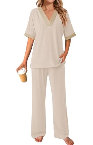 GKBK Womens Two Piece Outfits Pajama Sets 3/4 Dolman Sleeve V Neck Sleepwear Nightwear Loungewear Matching Pjs 2 Piece Lounge Set Lounging Pullover Top and Wide Leg Pants Trendy Outfits Beige M - Thumbnail 6