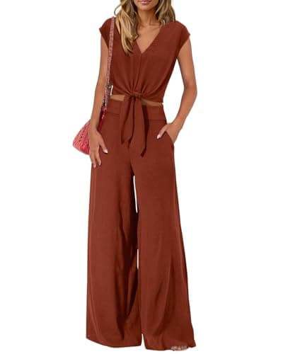 PRETTYGARDEN Women's Summer 2 Piece Outfits 2026 Cap Sleeve V Neck Belted Crop Tops Wide Leg Pant Sets Casual Tracksuit(Solid Rust Red,XX-Large) - Image 1