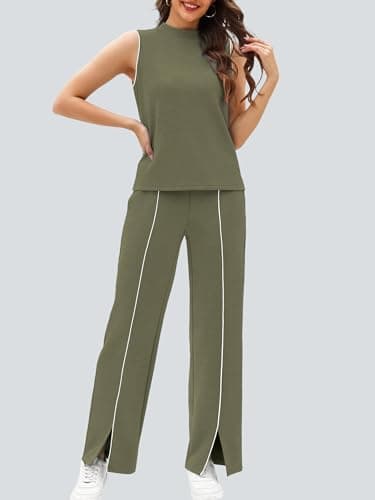 Casly Lamiit 2 Piece Lounge Set Women Summer Travel Outfits Sleeveless Tank Top Front Slit Pants Airport Vacation Clothing Sets Army Green 2XL - Thumbnail 2
