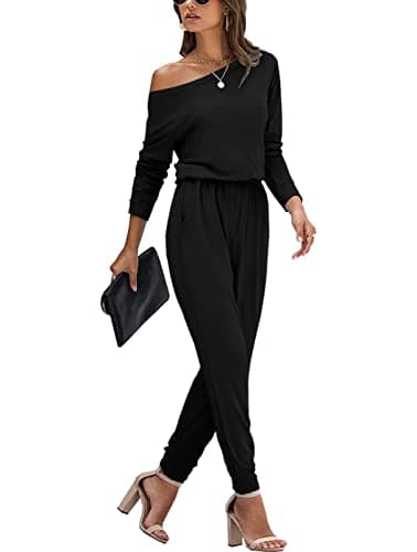 STOLKISS Women’s Casual Jumpsuits Loose Fit Off Shoulder Long Sleeve Elastic Waist Stretchy Long Rompers Jumpsuit with Pockets - Image 1