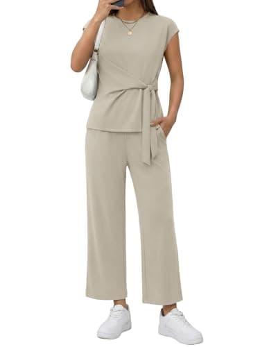 Casly Lamiit 2 Piece Outfits for Women Spring 2026 Dressy Casual Lounge Set Crew Neck Belted Tops Cruise Outfits Beach Vacation Clothes Dark Beige 2XL - Image 1