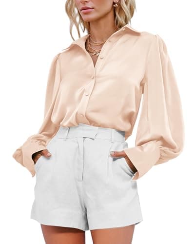 BTFBM Women Blouses Spring Fall Outfits Satin Lantern Long Sleeve Shirts Button Down Dressy Work Business Casual Tops(Beige, Medium) - Image 1