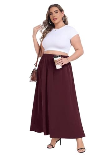 Lastshe Plus Size Maxi Skirts for Women Casual Elastic High Waisted Hide Drawstring Flowy A-line Long Skirt with Pockets,Wine Red,2X - Thumbnail 6