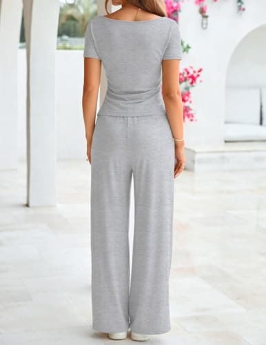 ZESICA 2 Piece Lounge Sets for Women 2026 Casual Summer Short Sleeve Ruched Top Wide Leg Pants Matching Travel Outfits,Grey,Small - Thumbnail 3