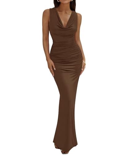 BTFBM Cocktail Dresses for Women Spring 2026 Cowl Neck Sleeveless Ruched Slim Fit Maxi Summer Formal Wedding Guest Dress(Brown, X-Large) - Image 1