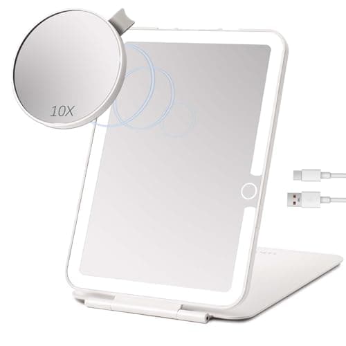 LUKYMIRO Rechargeable Travel Makeup Mirror with Lights, Portable Lighted Regular Mirror with Small 10X Magnification, 70 LEDs 3 Color Dimmable, Tabletop Folding Compact Cosmetic Mirror - Image 1