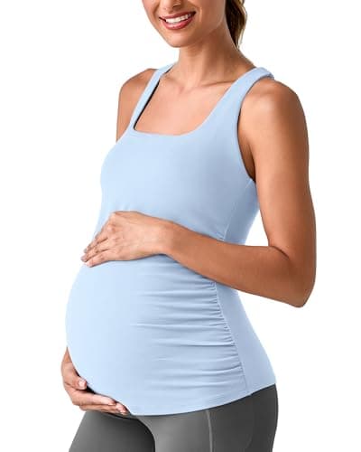 G4Free Maternity Top Sleeveless with Built in Bra Stretchy Slim Fit Pregnancy Clothes Square Neck Yoga Athletic Tank Tops(Light Denim,XL) - Image 1
