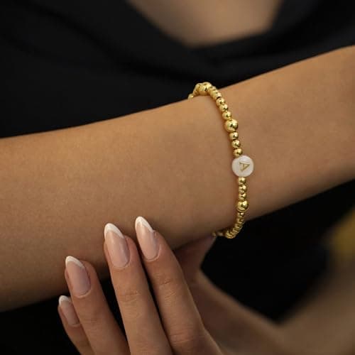 Sistble Initial Bracelets for Women, Mothers Day Gifts for Mom Gold Beaded Bracelets T Letter Bead 14K Gold Bracelet Birthday Gifts Retirement Gift for Women Jewelry - Thumbnail 3