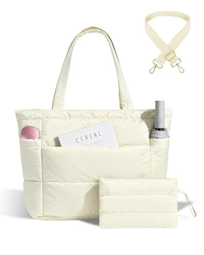 Moyad Travel Tote Bag for Women, Quilted Puffer Purse Lightweight Puffy Handbag for Nurse Teacher Gym Daily Use, Beige - Image 1