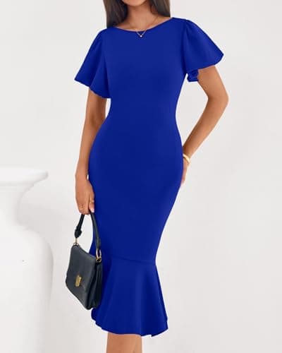 BTFBM Women Formal Wedding Guest Cocktail Dresses 2026 Short Sleeve Ruffle Mermaid Work Bodycon Elegant Midi Summer Dress(Royal Blue, XX-Large) - Thumbnail 4