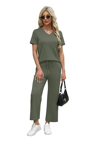 WIHOLL Two Piece Sets For Women Summer Loungewear Matching Sets Fitness Clothing Capri Pants Spring Break Essentials Vacation Travel Outfits Beach Fashion 2025 Olive Green S - Thumbnail 3