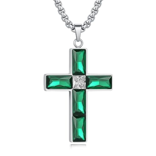 BAMIKI Green Cross Necklace for Men, Created Emerald May Birthstone Cubic Zirconia Large Pendant Silver Stainless Steel Necklace for Women, Faith Jewelry Gifts Mens Box Chain 24 Inch - Image 1