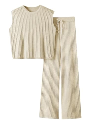 Imily Bela Womens 2 Piece Outfits Sweater Sets Knit Summer Casual Crewneck Sleeveless Tops Wide Leg Pants Tracksuits, Beige, Medium - Image 1