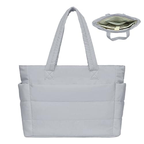 JHhomezeit Puffer Tote Bag for Women-Large Work Tote Bags Quilted Lightweight Puffy Bags Shoulder Bag with Laptop Compartment Gray - Image 1