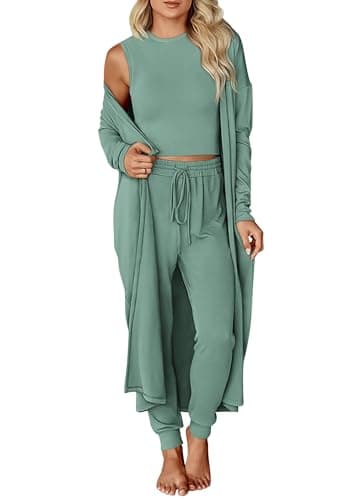 KIRUNDO 3 Piece Lounge Sets for Women Airport Travel Vacation Outfits Spring Cardigan Matching Sleeveless Top Jogger Pants(Fruit Green, Medium) - Image 1