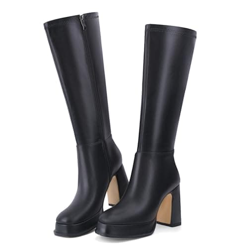 QIV Black Platform Knee High Boots for Women Square Toe Chunky Block Heel Tall Gogo Boots with Zipper Size 9.5 - Image 1