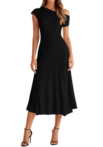 BTFBM Womens Spring Dresses 2026 Asymmetrical Neck Short Sleeve Pleated Swing Knit Midi Dress Business Casual(Black, X-Large) - Image 1