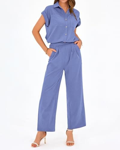 PRETTYGARDEN Womens 2 Piece sets Summer Cap Sleeve Tops Palazzo Pants Dressy Casual Vacation Travel Outfits Tracksuits(Blue,X-Large) - Thumbnail 4