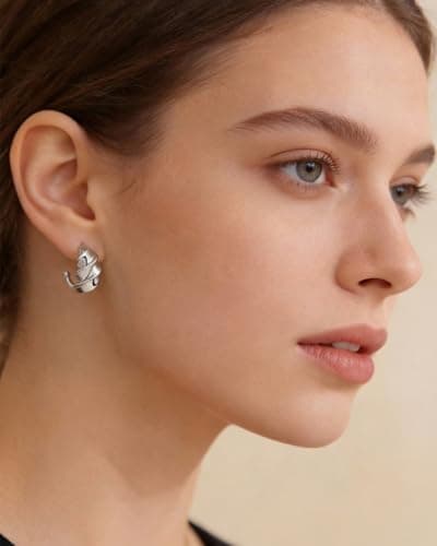 EYESHOCK Small Half Huggie Hoop Earrings for Women, Chunky Style Silver Plated 925 Sterling Silver Post, Hypoallergenic Lightweight Twisted Honeycomb Texture Hoops - Thumbnail 2