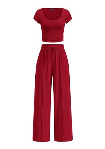 PRETTYGARDEN Women's 2 Piece Matching Lounge Sets Ribbed Short Sleeve Crop Tops Wide Leg Pants 2026 Summer Airport Outfits (Red,Large) - Image 1