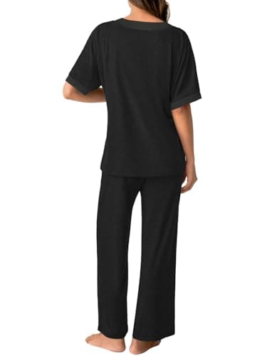 GKBK Womens Two Piece Outfits Pajama Sets 3/4 Dolman Sleeve V Neck Sleepwear Nightwear Loungewear Matching Pjs 2 Piece Lounge Set Lightweight Loose Sweatsuit Fall Fashion Ooutfit Black S - Thumbnail 3
