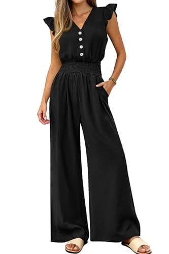 dowerme Women's Jumpsuits Dressy Casual 2026 Summer Ruffle Cap Sleeve V Neck Button Smocked Rompers Wide Leg Overalls(Black,XX-Large) - Image 1