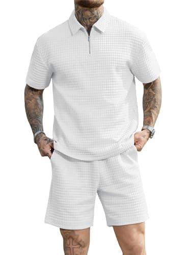 JEMLDL Men's Short Sets 2 Piece Polo Shirt Summer Outfits Casual Fashion Loungewear Short Sleeve Travel Golf Tracksuits White Large - Thumbnail 2
