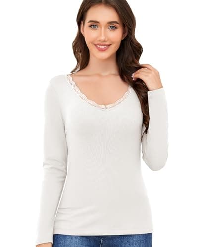 Ganado Long Sleeve Shirts for Women Lace V Neck Thermal Shirt Fitted Basic Tops Plain Layering Undershirts (White, X-Large) - Image 1