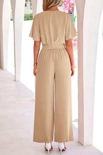 PRETTYGARDEN Women 2 Piece Summer Outfits Short Sleeve Strappy Top Wide Leg Pants Tracksuit Lounge Sets Beach Clothes(Khaki,XX-Large) - Thumbnail 5