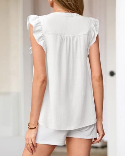 Zenlonr Womens Short Ruffle Sleeve Shirts V Neck Button Down Shirt Solid Color Going Out Spring Tops(White,X-Large) - Thumbnail 5