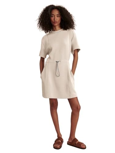 COCOMARTS Dresses for Women Summer Short Sleeve Crew Neck Sweatshirt Dress Drawstring Waist Tunic Tops Mini Vacation Sundress Apricot Small - Thumbnail 2