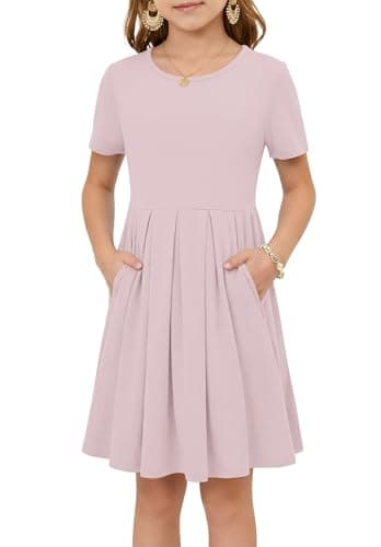 Girls Summer Short Sleeve Dress Kids Casual Crew Neck Pleated Loose A Line Swing Knee Length Cute Dress with Pockets Grey Pink S - Image 1